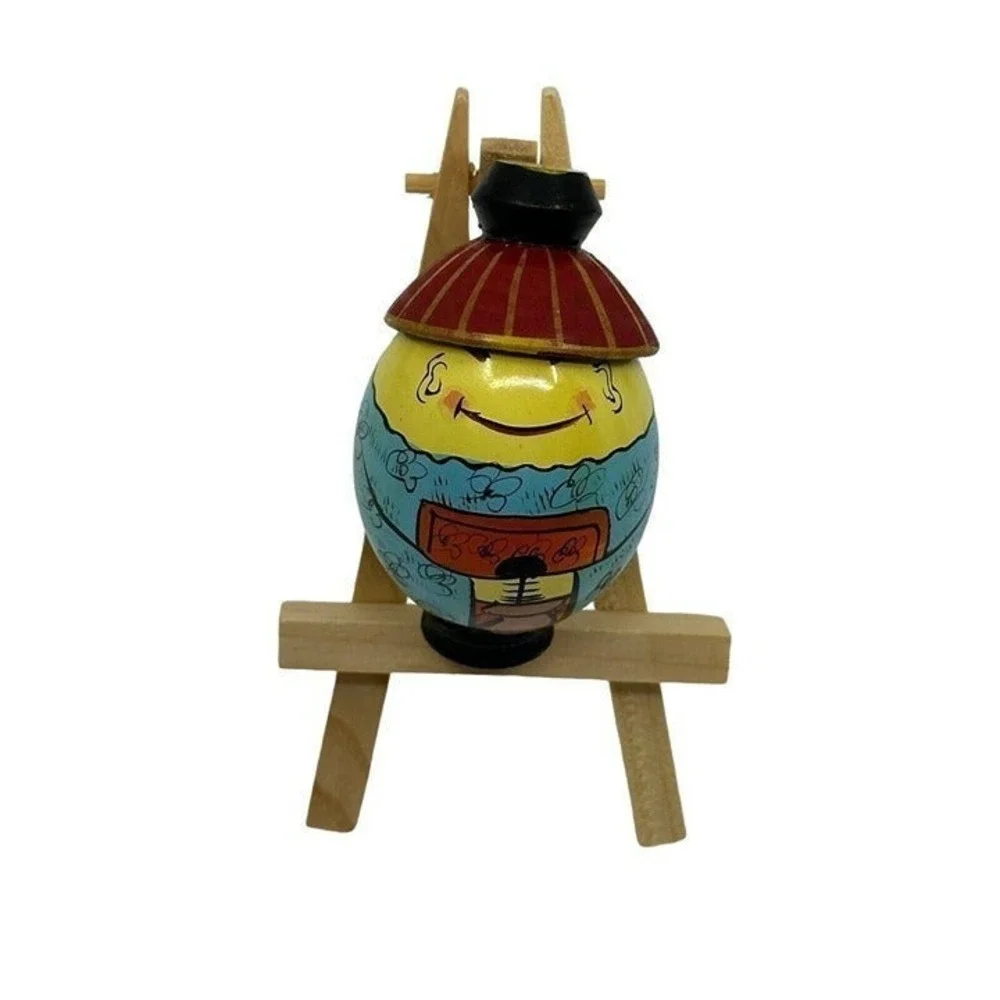 Wooden Figurine Turned Hand Painted Asian Conical Hat‎ Kimono Egg Shaped 3